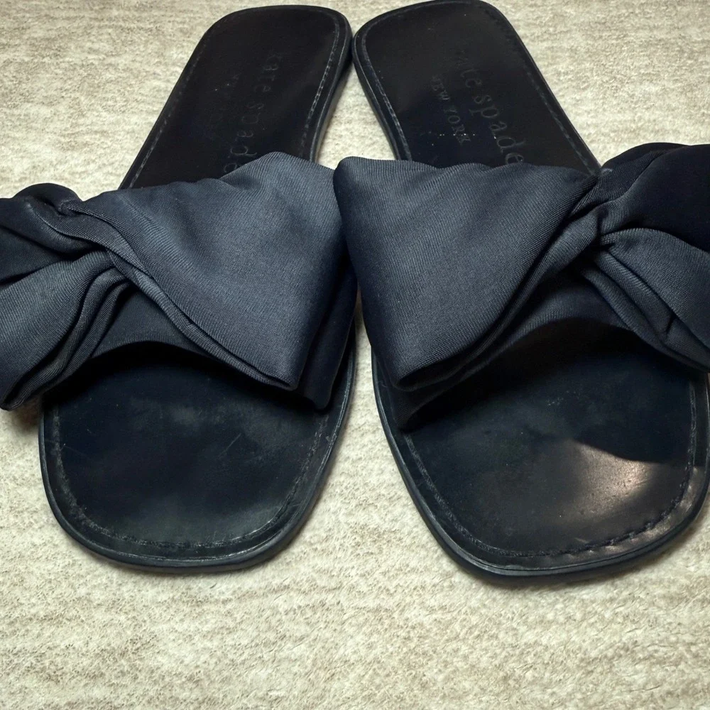 Kate Spade New York Bikini Blue Bow Slide Sandals Square Toe Flats Size 8B